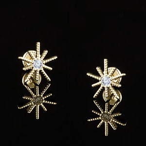 14k Gold North Star With Cubic Zirconia Screw Back Earrings, 14k Starburst Earrings, 14k Yellow Gold Star Screw back Earrings, Start Studs