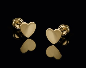 14k Solid Yellow Gold Heart Screw Back Earrings, 14k Simple Cute Heart Earrings, Simple Heart Earrings, 14k Heart Screw Back Earrings