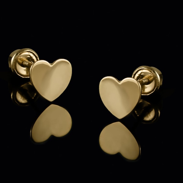 14k Solid Yellow Gold Heart Screw Back Earrings, 14k Simple Cute Heart Earrings, Simple Heart Earrings, 14k Heart Screw Back Earrings