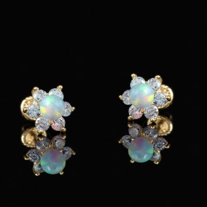 14k Gold Opal Flower  With Cubic Zirconia Screw Back Earring, Gold Opal Flower Earring,Cute Gold Opal Flower Earrings,14k Gold Opal Earrings