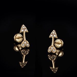 14k Gold Arrow With Cubic Zirconia Screw Back Earrings, 14k Yellow Gold Arrow Earrings With Cz, Cute 14k Gold Arrow Earrings. Arrow Studs