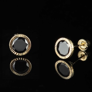 14k Yellow Gold Black Cubic Zirconia Earrings, Diamond Cut Bezel, Screw Back