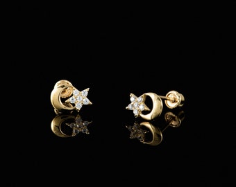 14k Gold Mini Moon With Cubic Zirconia Cluster Star Screw Back Earrings, Moon And Star Earrings,Mini Moon And Star Screw Back Earrings