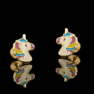 14k Gold Colorful Unicorn Screw Back Earrings, Epoxy Color Unicorn Earrings, Gold Unicorn Earrings,14k Gold Unicorn Screw Back Earrings image 1