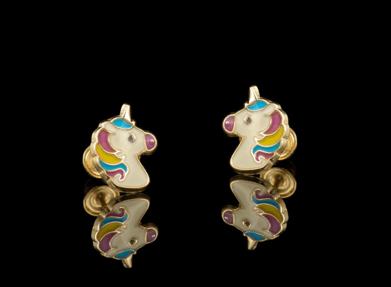 14k Gold Colorful Unicorn Screw Back Earrings, Epoxy Color Unicorn Earrings, Gold Unicorn Earrings,14k Gold Unicorn Screw Back Earrings image 1