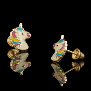 14k Gold Colorful Unicorn Screw Back Earrings, Epoxy Color Unicorn Earrings, Gold Unicorn Earrings,14k Gold Unicorn Screw Back Earrings image 2