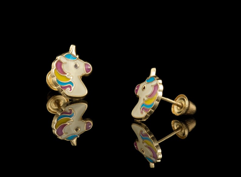 14k Gold Colorful Unicorn Screw Back Earrings, Epoxy Color Unicorn Earrings, Gold Unicorn Earrings,14k Gold Unicorn Screw Back Earrings image 2