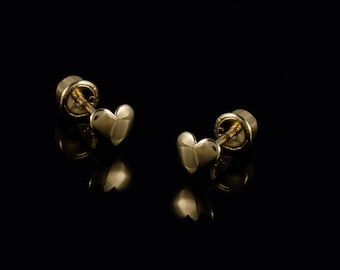 14k Solid Gold Mini Puffed Heart Screw Back Earrings, Gold Cute Dainty Mini Heart Earrings, 14k Hearts Earrings. Mini 14k Heart Studs,