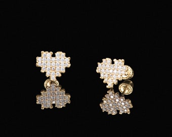 14k Gold Pixel Heart Cluster Cubic Zirconia Screw Back Earrings,Gold Pixel Heart Earrings, Cz Heart Earrings, Gold Pixel Heart Earrings