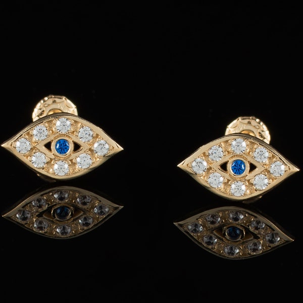 14k Solid Yellow Gold Paved Cubic Zirconia Evil Eye Screw Back Earrings, Gold Evil Eye Studs, Cz Evil Eye Studs , Blue Eye Evil Earrings