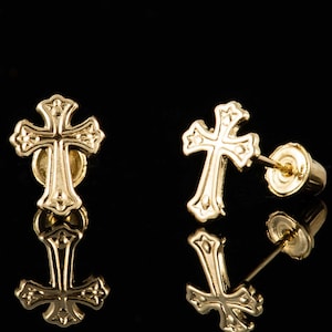 14k Yellow Gold Victorian Style Cross Screw Back Earrings , 14k Yellow Gold Cross Earrings , Victorian Style Cross Screw Back Earrings