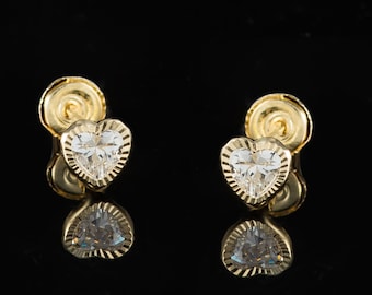 14k Yellow Gold Heart Earrings, Cubic Zirconia, Diamond Cut, Screw Back
