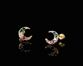 14K Gold Rainbow Cubic Zirconia Moon Screw Back Earrings, 14k Gold Cubic Zirconia Moon Studs, Moon Earrings, Rainbow Moon Screw Back Studs.