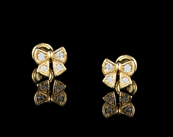 14k Yellow Gold Mini Bow Earrings with Cubic Zirconia Screw Back