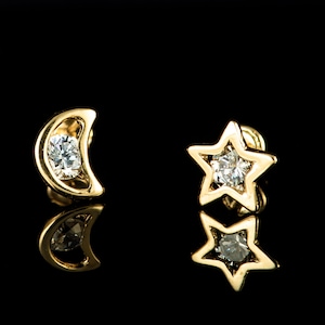 14k Solid Gelb Gold Mond und Stern mit Center Cz Ohrringe, 14k Gold Mond und Stern Ohrringe, Stern und Mond Ohrringe