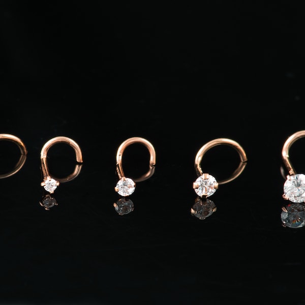 14k Solid Rose Gold Prong Setting  Round Cubic   Zirconia Nose Screw, Cork Screw Rose Gold Nose ring . Dainty Nose Ring with Cubic Zirconia