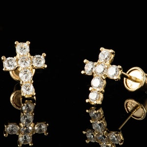 14k Yellow Gold Cross With Prong Setting Cubic Zirconia Screw Back Earrings, 14k Gold Cross Earrings, Cross Cz Earrings , Cz Cross Studs