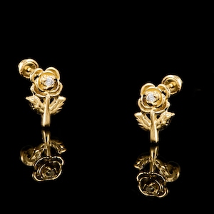 14k Gold Full Rose With Cubic Zirconia Center Screw Back Earrings, 14K Gold Rose Screw back Earrings,Gold Rose Earrings,14k Full Rose Studs