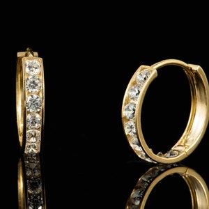 14k Yellow Gold Mini Channel-Set Huggie Hoop Earring, 14k Yellow Gold Cubic Zirconia Huggies , 14k Huggie Hoops  With Cz , 14k  Hoops