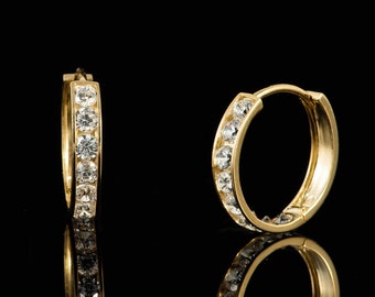 14k Yellow Gold Mini Channel-Set Huggie Hoop Earring, 14k Yellow Gold Cubic Zirconia Huggies , 14k Huggie Hoops  With Cz , 14k  Hoops