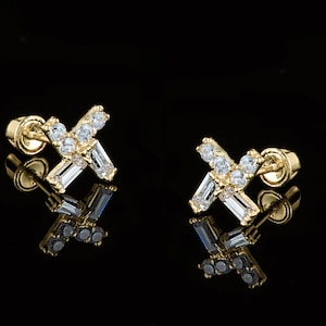 14k Gold X Shape Baguette Cubic Zirconia Screw Back Earrings,14k Baguette Earrings, Art Deco Baguette Screw Back Earrings , Baguette Studs
