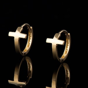 14k Yellow Gold Cross Huggies, 14k Cross Hoops, Cute 14k Yellow Gold Cross Huggies Earrings, Gold Cross Hoops, 14k Gold cross Huggie