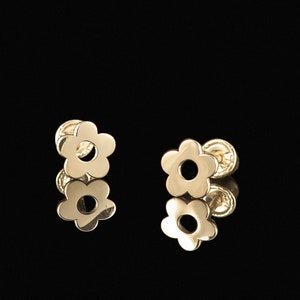Mini aretes de flor lisa con cierre de rosca en oro de 14 k, aretes minimalistas con cierre de rosca, aretes de flor delicados y bonitos, aretes de flor