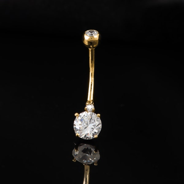 14k oro amarillo sólido bellyring con zirconia cúbica, 14k amarillo oro sólido bellyring, 14k vientre botón oro piercing