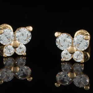 14k Yellow Gold Butterfly Cubic Zirconia Screw Back Earrings , Cute Butter Fly Earrings, Cz Butterfly Earrings, Gold Butterfly Earrings,