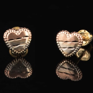 14k Gold Heart Screw Back Earrings , 14k Three Golds Heart Earrings , 14k Diamond Cut Heart Earrings , Small Cute Heart  Earring stud ,