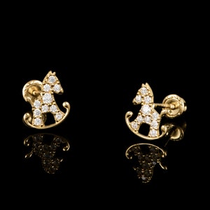 14k Gold Rocking Horse With Multi Cubic Zirconia Screw Back Earrings, 14k Gold Rocking Horse Earrings, Cute Rocking Horse Earrings