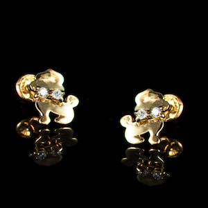 14k Solid Yellow Gold Mini Poodle With Cubic Zirconia Screw Back Earrings,14k Gold Poodle Earrings, Cute Mini Poodle Earrings,14k Dog Studs