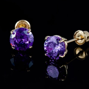 14k Solid Gold Amethyst Casting Screw Back Earrings,February Birthstone Screw Back Earrings, Amethyst Cubic Zirconia 14k Gold Studs