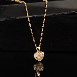 14k Yellow Gold Paved Puffed Cubic Zirconia Dainty Heart Necklace, 14k Minimalist Cubic Zirconia Heart Necklace ,14k Dainty Heart Necklace