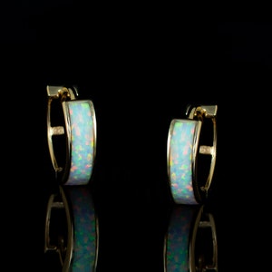 14k Solid Yellow Gold White Opal Huggies,14k Opal Hoops,14k Yellow Gold Opal Huggies,Gold Opal Huggies, 14k Solid Gold Opal Hoops,