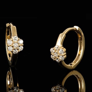 14k Yellow Gold Huggies With Cubic Zirconia Flower  , 14k Gold Flower Huggies , 14k Cz Flower Huggies , Yellow Gold Flower Huggies ,