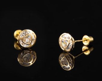 14k Gold Heart Stud Earrings, Cubic Zirconia