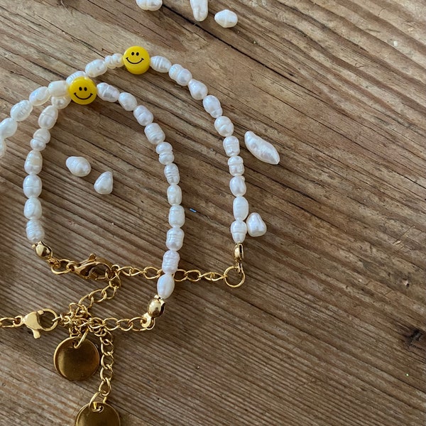 Women's gold and silver bracelet, freshwater pearl smiley face bracelet, smiley face bracelet, friendship bracelet