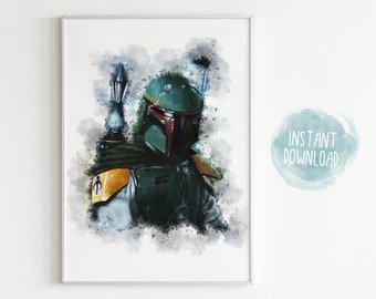 Stitch Boba Fett Star Wars Poster Watercolor Print Wall Decor Art Home Decor Bounty Hunter Lilo & Stitch Art & Collectibles Prints Sibawor.id