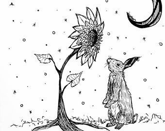 Rabbit Sunflower and Moon, black and white, 5x7 inch print
