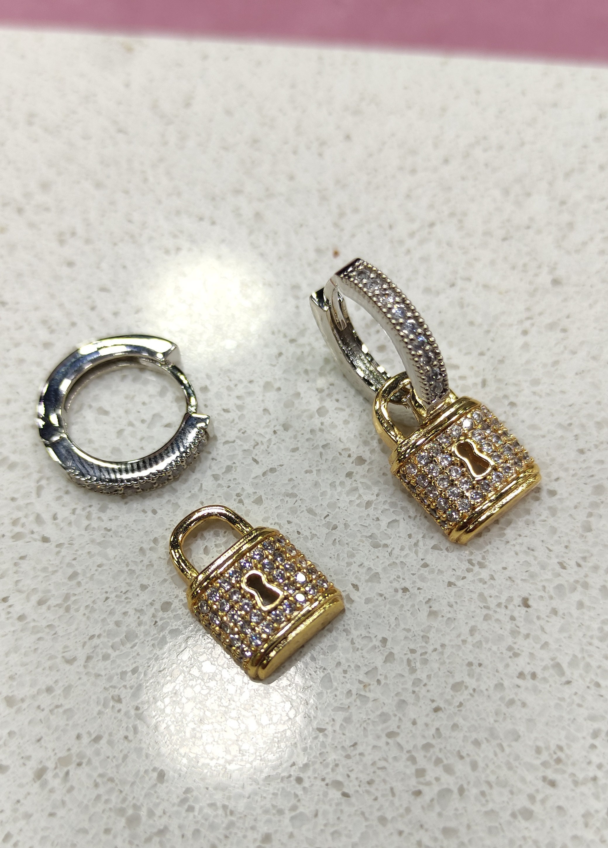 Lock Earrings I Lock Charm Earring I Zircon stone Lock Etsy