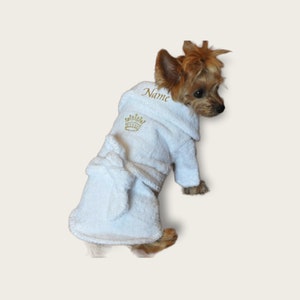 CUSTOM Embroidered Gold Crown White Bathrobe for pets | dog robe | 100% Combed Cotton Terrycloth bathrobe for dogs puppies cats