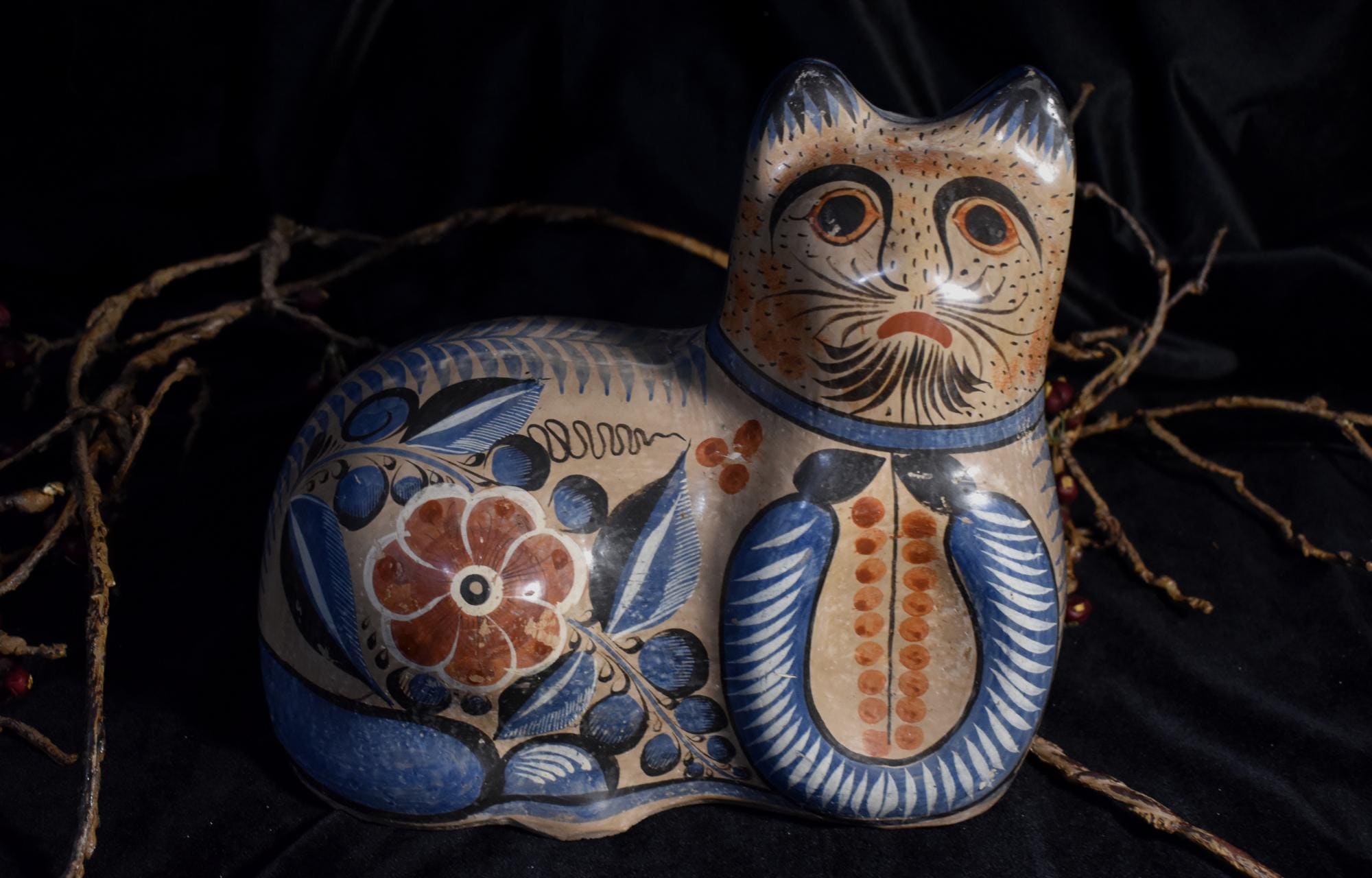 【Tonala Pottery】メキシコ　トナラ焼　猫　オブジェ　置物 Very Large Tonala Cat Mexican Pottery | Vintage Pottery | Hand