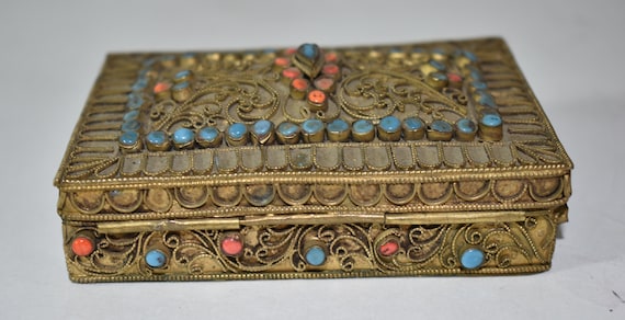 Nepalese Box Brass Tibetan Filigree w/ Turquoise … - image 7