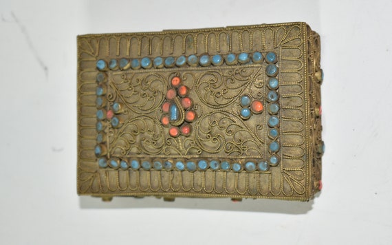 Nepalese Box Brass Tibetan Filigree w/ Turquoise … - image 5