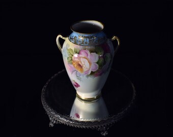 Noritake China Hand Painted Porcelain Floral Vase | Gilding and Pink Roses | Made in Japan | 7 1/2" high