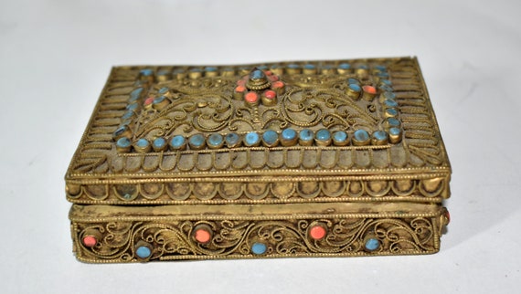 Nepalese Box Brass Tibetan Filigree w/ Turquoise … - image 4