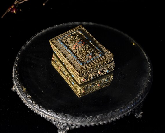 Nepalese Box Brass Tibetan Filigree w/ Turquoise … - image 3