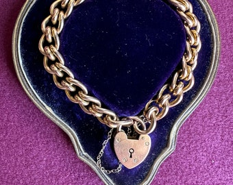 Pulsera de cadena elegante pesada de oro antiguo de 15 quilates con candado de corazón