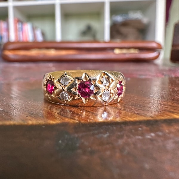 antique Edwardian ruby and diamond 18ct gold gypsy ring